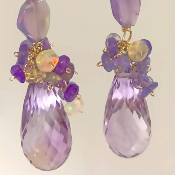14K Gold Pink Amethyst Opal Gemstone Briolette Earrings - Picture 1 of 7